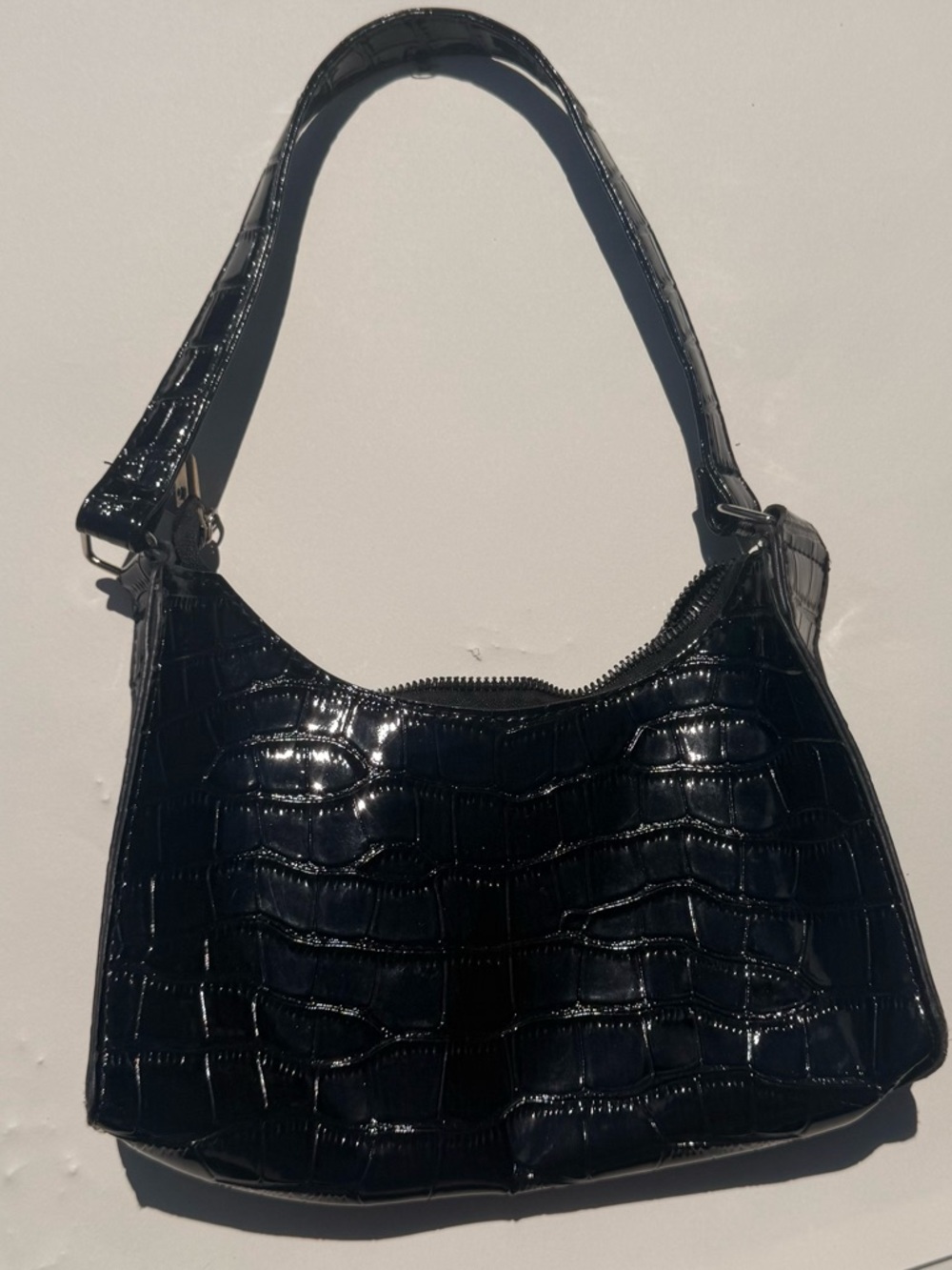 Vintage Black Croc-Embossed Shoulder Bag